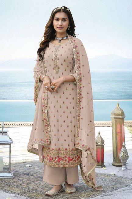 Faux georgette Beige Diwali Palazzo Suit in Embroidered