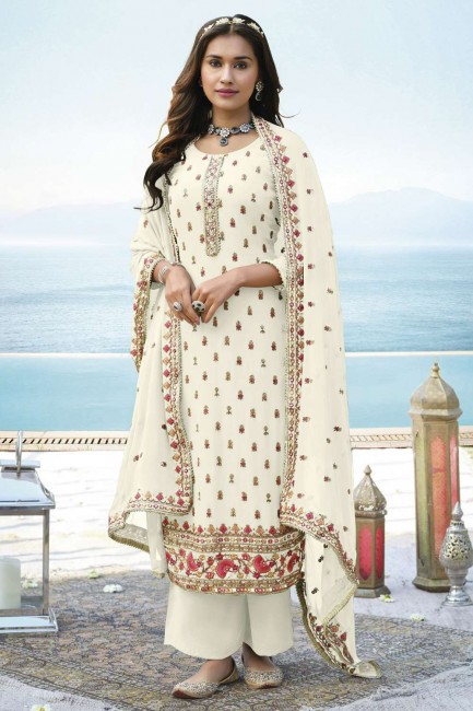 Embroidered Faux georgette Diwali  Palazzo Suit in Off white