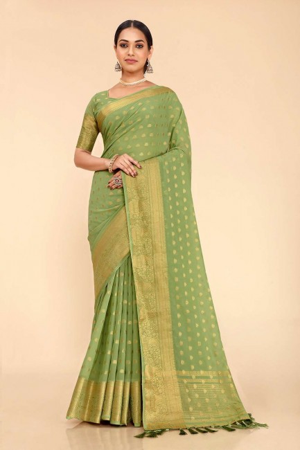 Karva Chauth Saree in Green Georgette and silk with Weaving