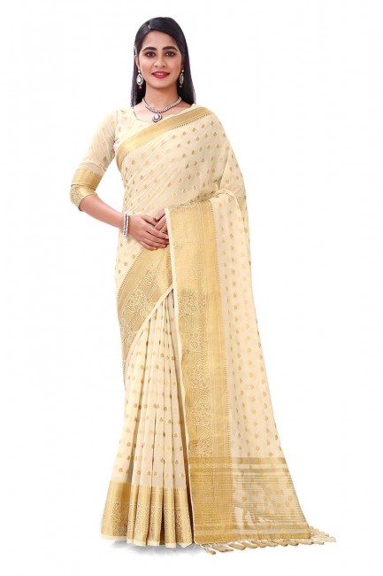 Weaving Georgette and silk Karva Chauth Saree in Cream with Blouse