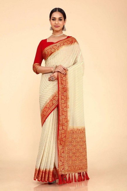 White Weaving Georgette and silk Karva Chauth Saree