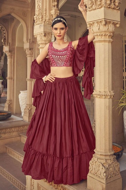 Chinon Party Lehenga Choli in Maroon with Embroidered