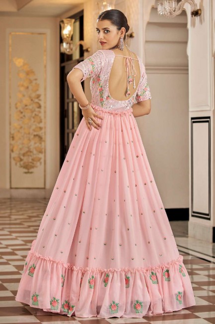 Georgette Embroidered Pink Diwali Gown Dress with Dupatta