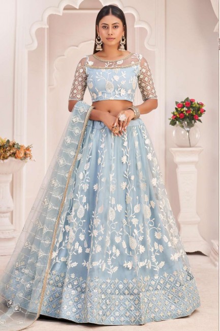 Embroidered Net Party Lehenga Choli in Sky blue with Dupatta