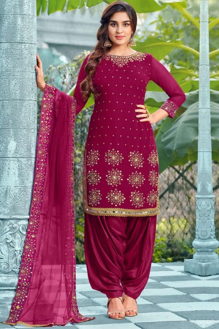 Pink Faux georgette Stone with moti Patiala Suit with Dupatta