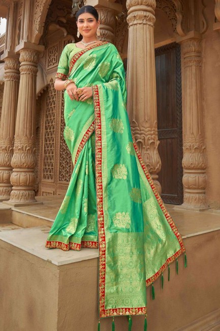 Sea green Banarasi silk Banarasi Saree with weaving