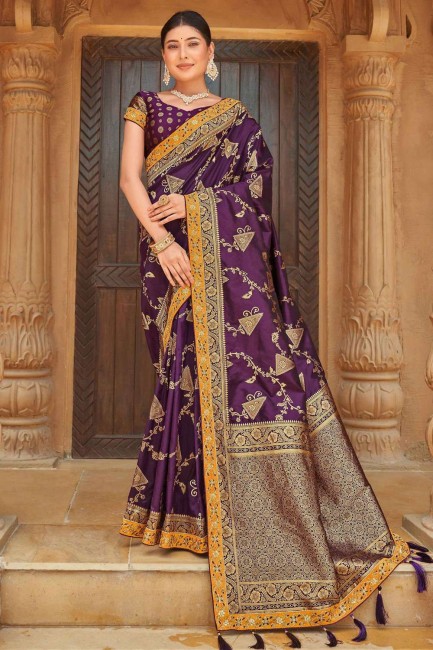 weaving Banarasi silk Purple Banarasi Saree with Blouse