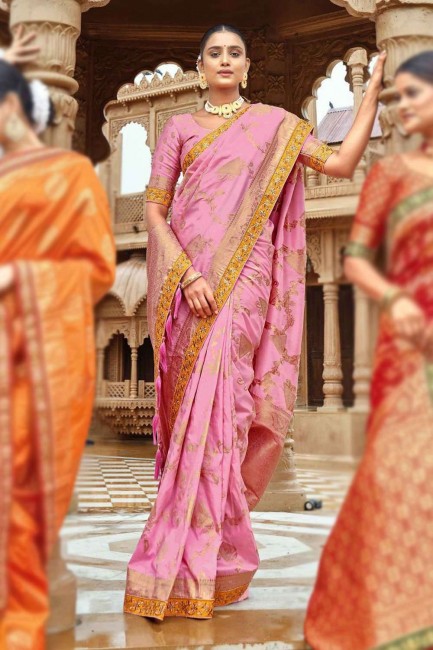 weaving Banarasi silk Banarasi Saree in Light pink with Blouse