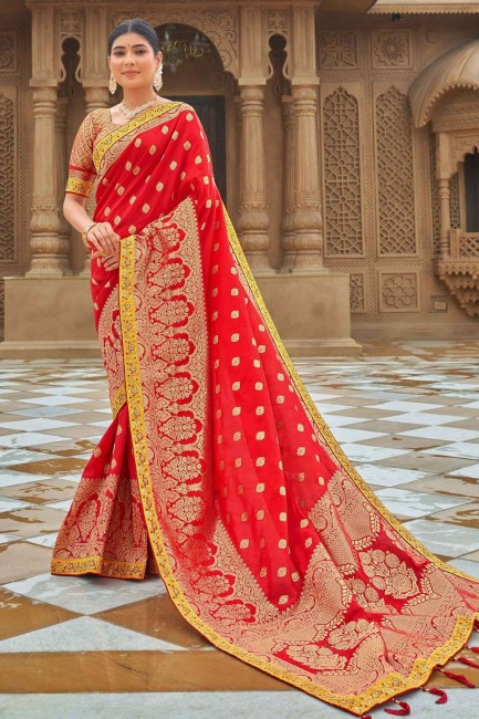 Red weaving Banarasi Saree in Banarasi silk