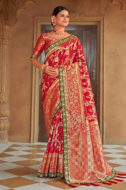 Red Banarasi Saree in weaving Banarasi silk