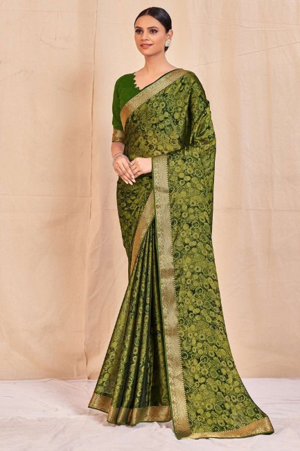 Saree in Chiffon Green with Printed