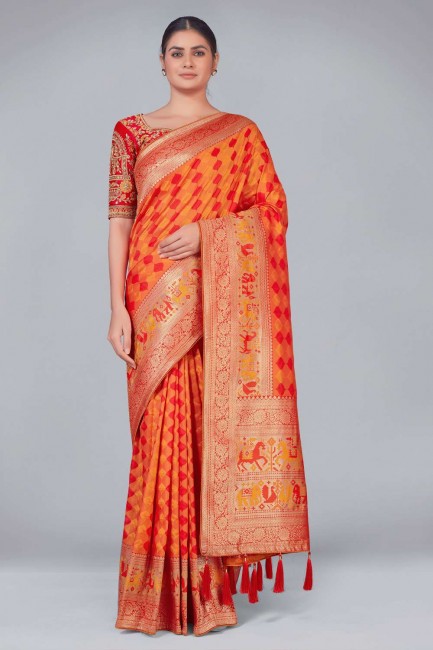 weaving Banarasi silk Banarasi Saree in Orange