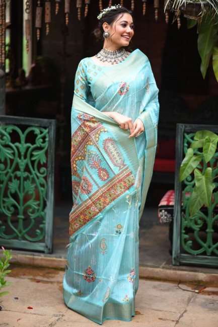 Sky blue Saree in Printed,lace border Silk