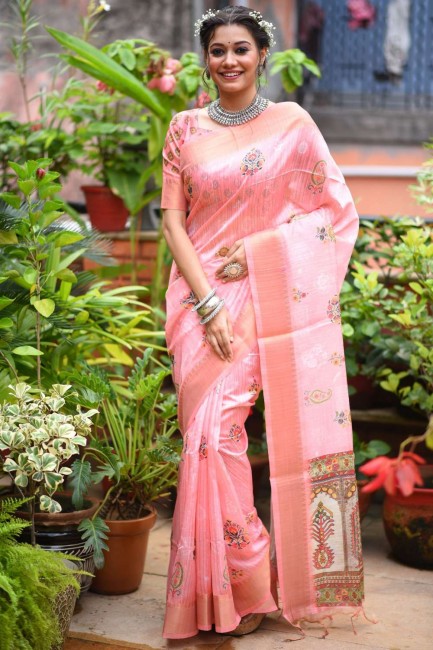 Pink Printed,lace border Saree in Silk