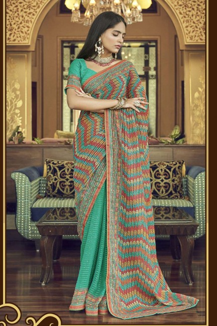 Sea green Thread,embroidered,printed Saree in Georgette