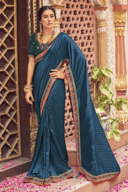 Resham,zari,mirror,embroidered Silk Saree in Royal blue with Blouse
