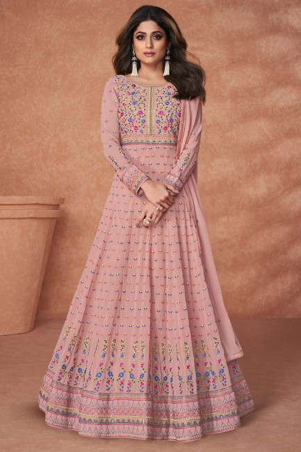Pink Anarkali Suit in Georgette with Embroidered
