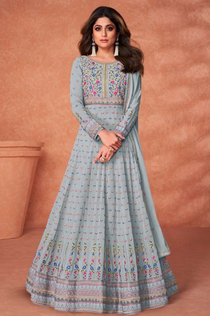 Grey Anarkali Suit Georgette in Embroidered