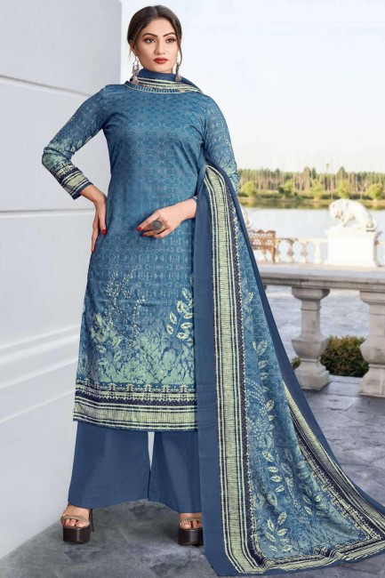 Cotton Palazzo Suit in Blue with Digital print