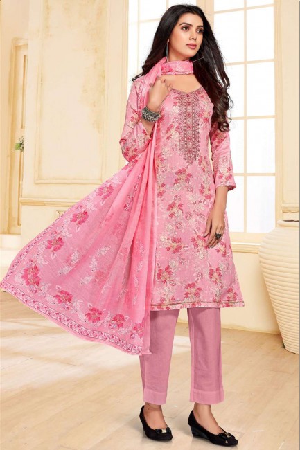 Cotton and satin Pink Salwar Kameez in Printed