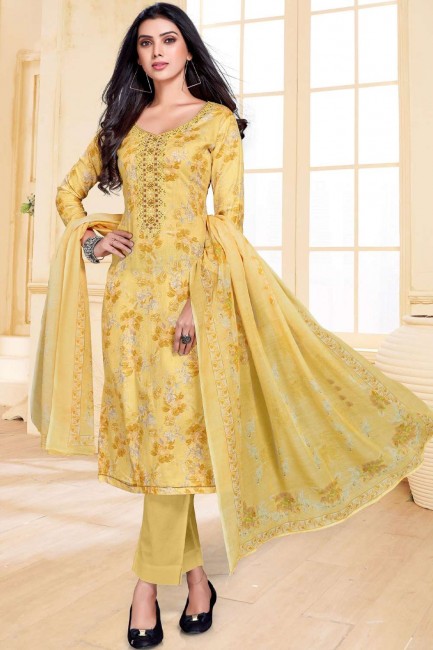 Cotton and satin Salwar Kameez with Printed in Yellow
