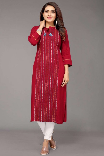 Maroon Straight Kurti with Embroidered Rayon