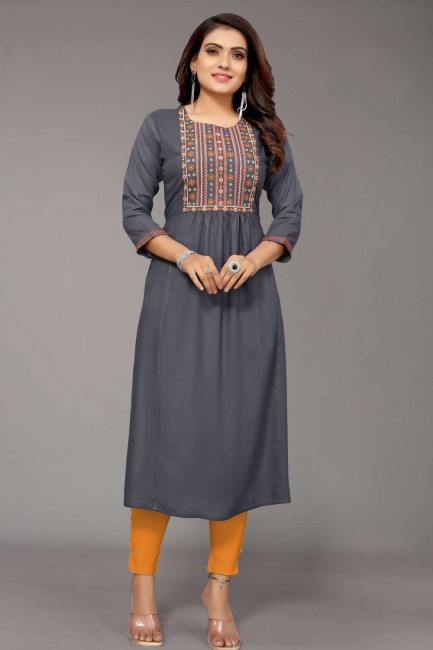 Grey Straight Kurti in Embroidered Rayon