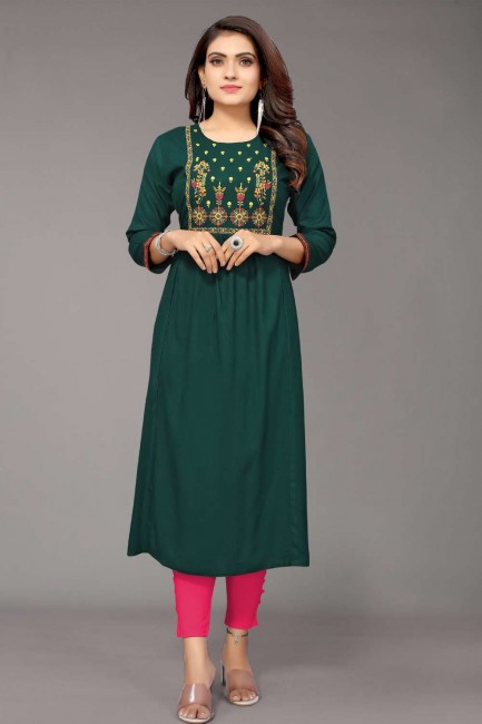 Embroidered Straight Kurti in Green Rayon