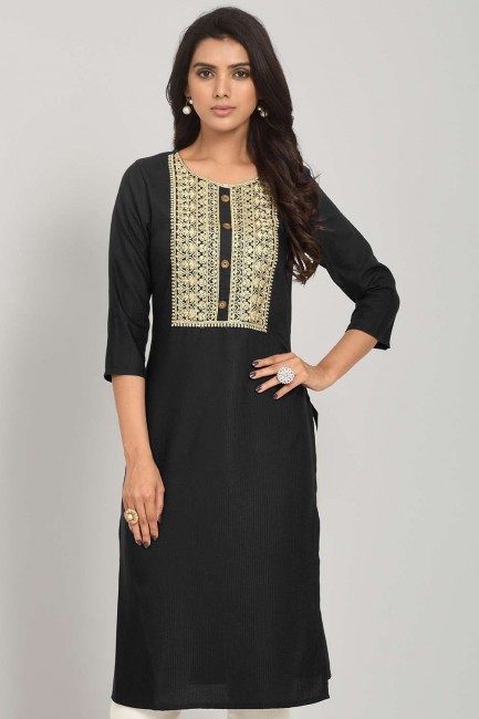 Straight Kurti in Black Rayon with Embroidered