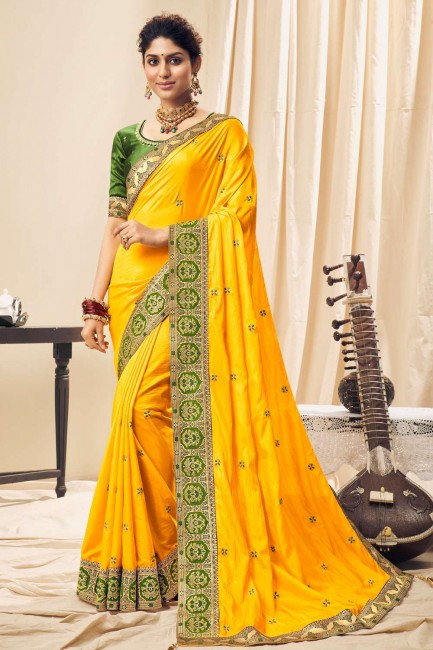 Resham,zari,embroidered Silk Saree in Yellow with Blouse