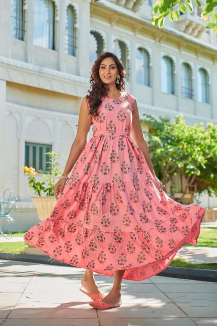 Pink Rayon Printed Gown Dress with Dupatta