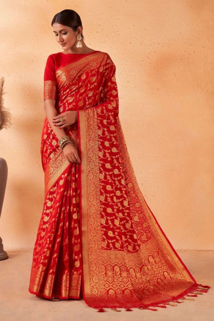 Red Georgette Saree with Weaving