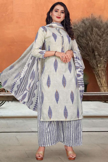 White Digital print Palazzo Suit in Cotton