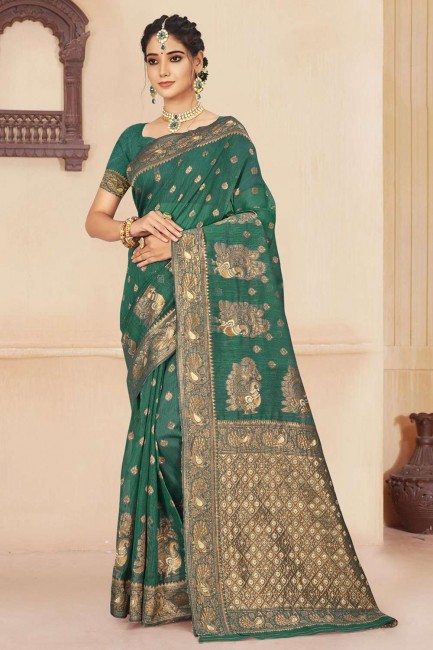 Cotton Saree in Weaving Green with Blouse