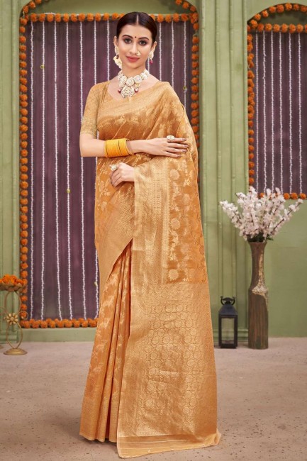 Linen Weaving Orange Saree with Blouse