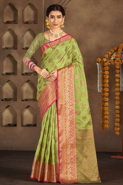 Cotton Saree with Weaving in Green