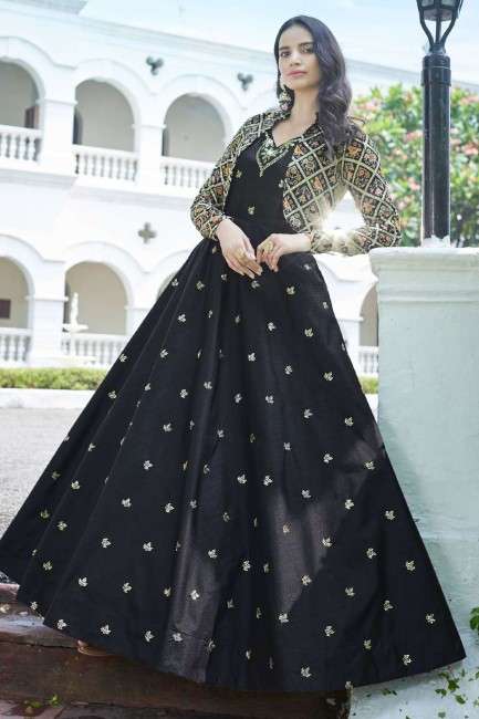 Black Gown Dress in Cotton with Embroidered