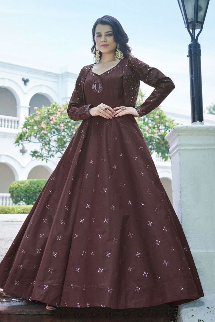 Maroon Gown Dress in Embroidered Cotton
