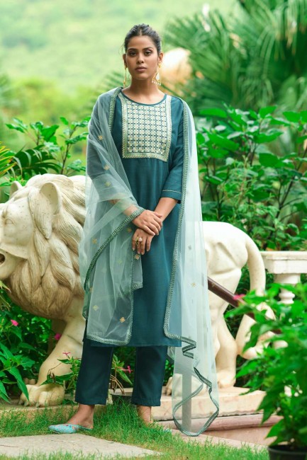 Salwar Kameez in Teal Cotton with Embroidered