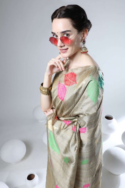 Cream Tussar silk Saree with Weaving