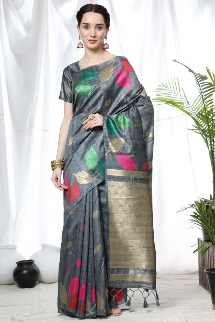 Tussar silk Saree in Grey with Weaving