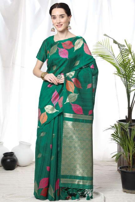 Saree in Teal  Tussar silk with Weaving