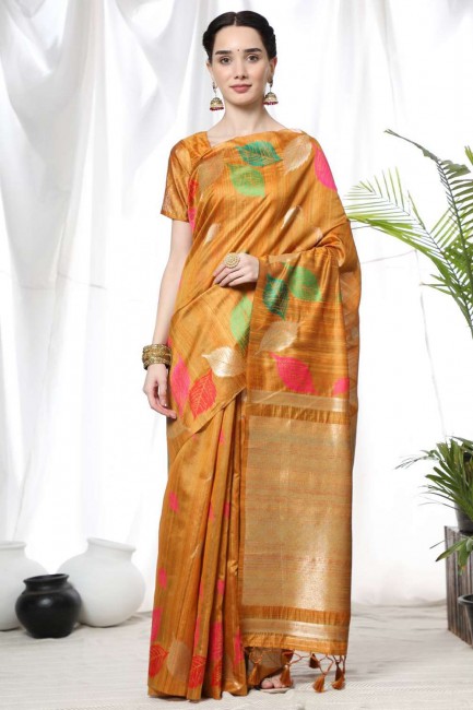 Yellow Saree in Tussar silk with Weaving