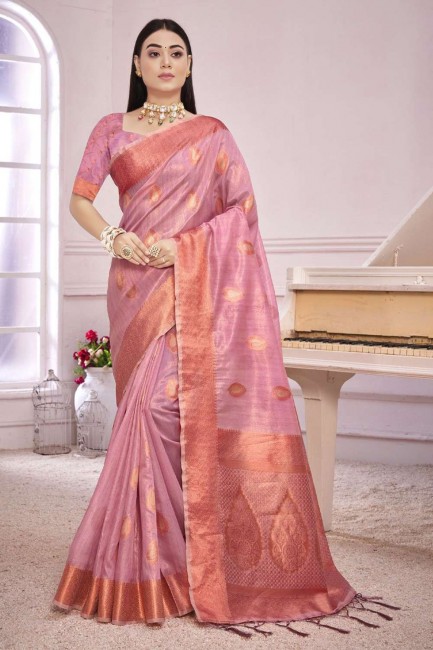 Pink Saree with Weaving Organza