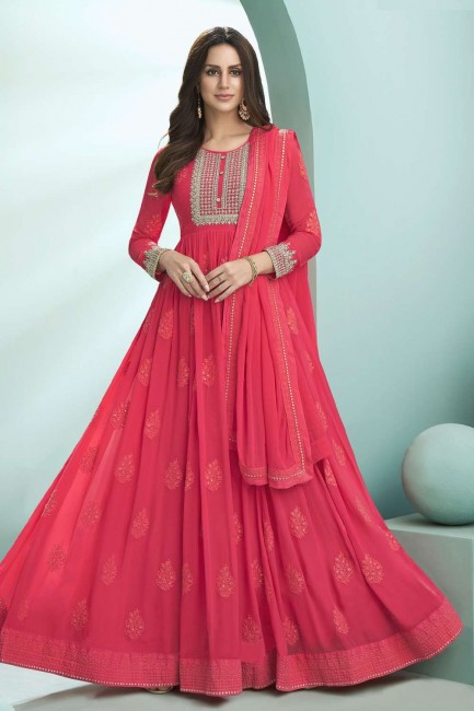 Faux georgette Anarkali Suit with Embroidered in Pink