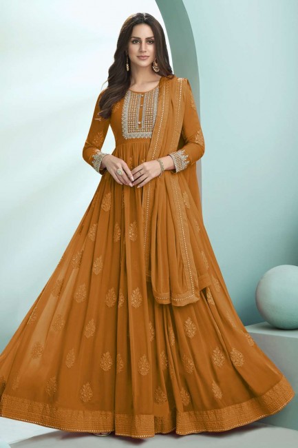 Anarkali Suit in Yellow Faux georgette with Embroidered