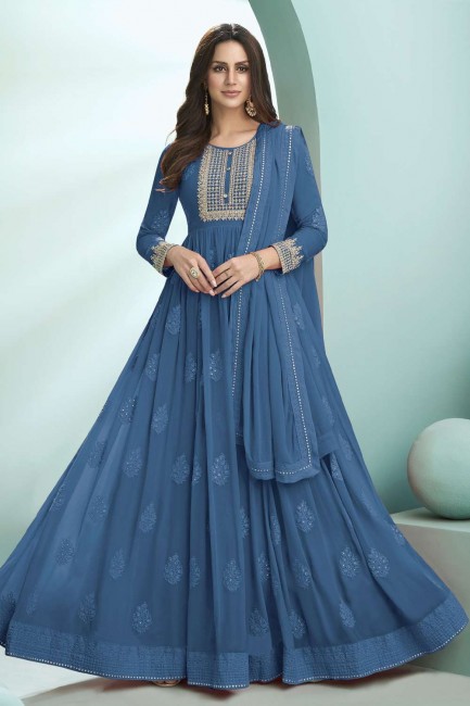 Embroidered Anarkali Suit in Blue Faux georgette