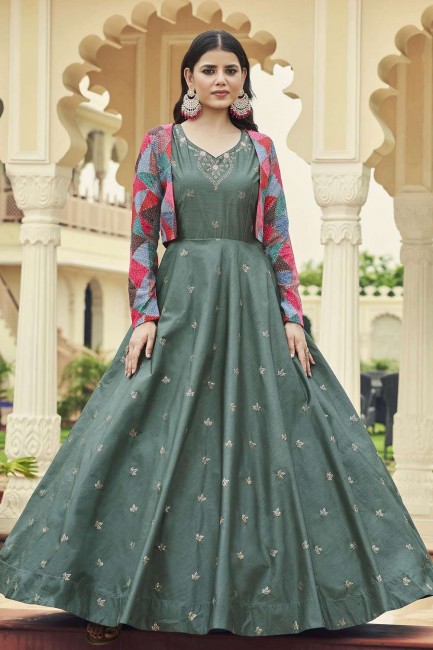 Dusty green Cotton Embroidered Gown Dress with Dupatta