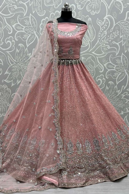 Wedding Lehenga Choli Net with Embroidered in Pink