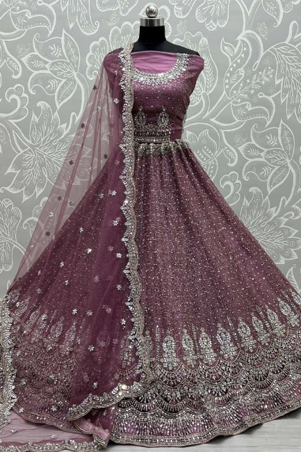 Embroidered Net Purple Wedding Lehenga Choli with Dupatta
